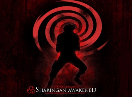 Sharingan Awakened - silhouette, lone, shinobi, dark background, solo, hatake kakashi, sharingan, kakashi, naruto, kakashi hatake, ninja, anime, spiky hair