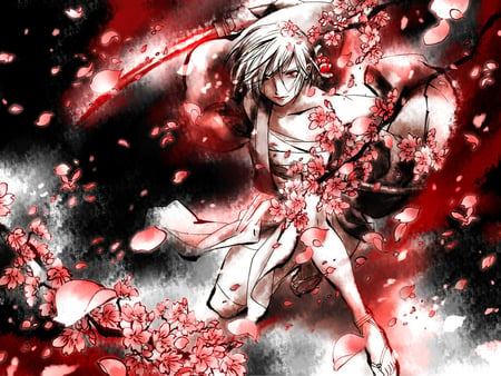 Meiko - lone, female, solo, flower petals, red eyes, katana, petals, sword, kimono, branches, girl, meiko, vocaloid, bandages, flowers, weapons, white hair