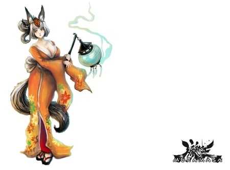 Kongiku - yellow eyes, tail, lone, female, fox girl, kongiku, anime girl, solo, white background, oboro muramasa, games, lantern, anime, video games, kimono, white hair