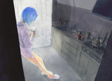 anime - lonely, anime, kitchen, coffee