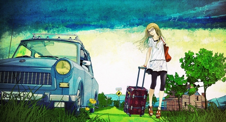 anime - girl, travel, anime, green