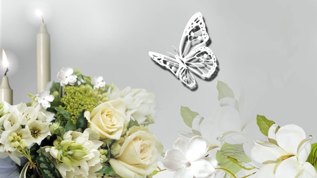 White on White - white, butterfly, roses, candles, light, flowers, gray, pure