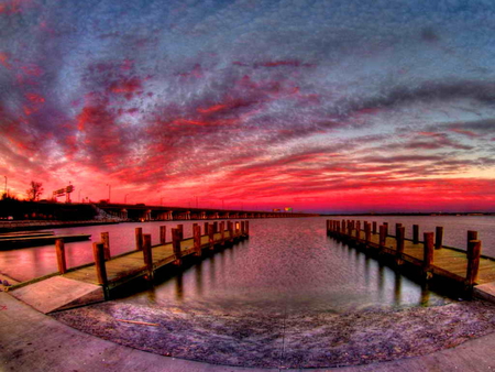 At the sea - calm, sundown, beach, sunrise, reflection, shore, purple, red, sky, clouds, beautiful, mirrored, ocean, nature, sunset, saea, sands, peaceful