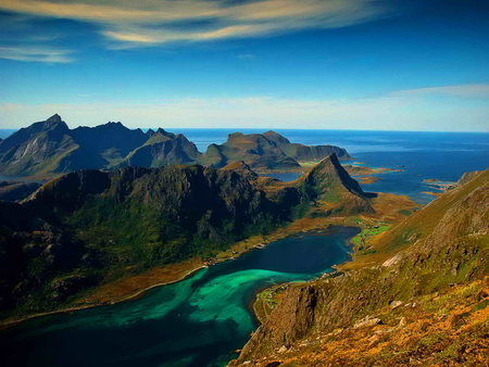 Mountain near the sea - ocean, sky, mountain, stream, water, rocks, nature, clouds, emerald, blue, river, near, sea