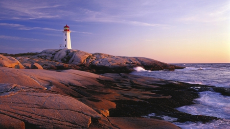 lighthouse on the rocks - lighthouse, shore, sunset, rocks