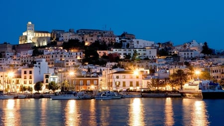 seaside town at night - town, lights, boats, shore