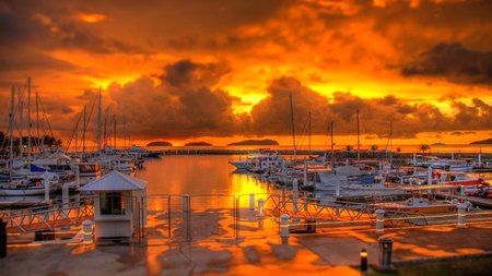 fiery sunset over marina - marina, fire sky, sunset, boats