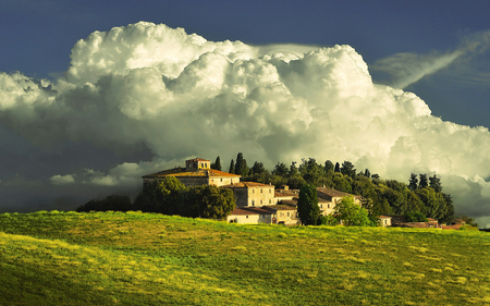 village has cloud for a hat - village, cloud, field, trees