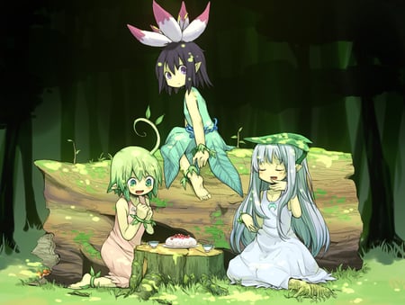 Tea party - anime, green, forest, flower