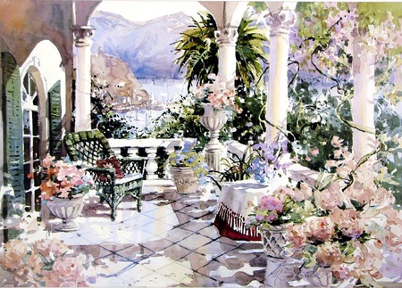 Marilyn Simandle - Catalina Bay - flower, terrace, marilyn simandle, painting, art