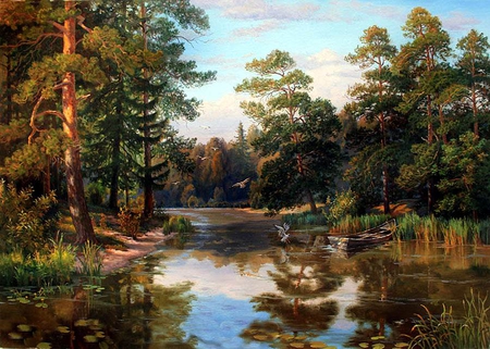 Potapov. On the lake - lake, potapov, tree, painting, nature, art