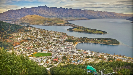 arial view of queenstown, new zeland - city, lake, trees, mountain