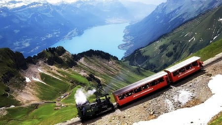 beautiful scenic train - train, lake, scenic, mountain