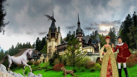 Fairy Tale - dog, fairy tale, unicorn, couple, castle