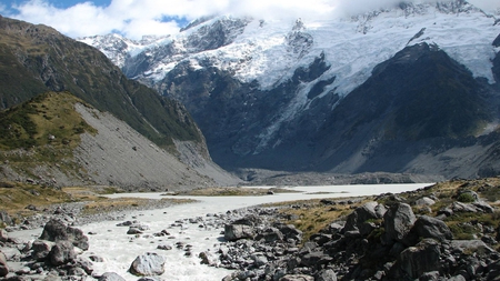 melting snow - snow, river, melting, mountains