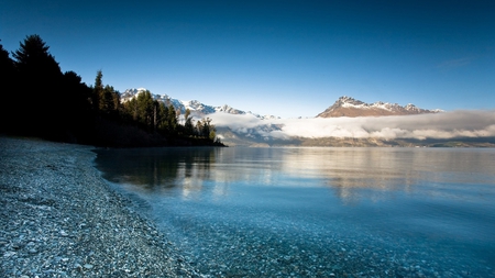 quiet lake - lake, pebbles, mountain, clouds