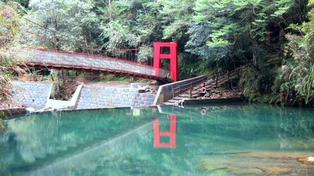 Suspension bridge - lake, turquoise, suspension bridge, reflection