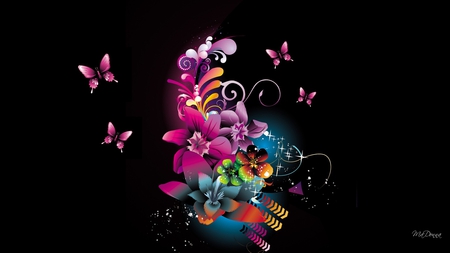 Color Full - butterflies, vector, flowers, black, colorful, modern, bright, geometric design, curls