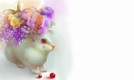 rabbit - flowers, rabbit, white, lavender