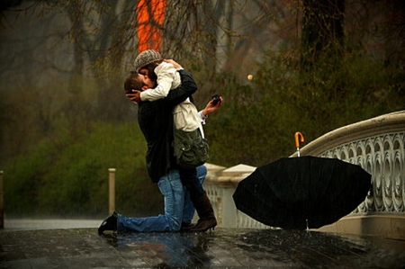 The Proposal - romantic, beautiful, photography, girl, romance, love, man, umbrella, autumn, woman, rain, kiss, lover, couple, bridge