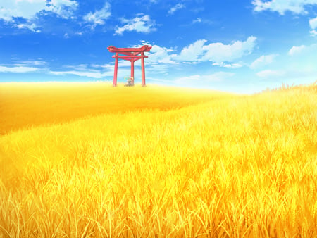 Love Kami - cg, game, scenic, field, torii, sky