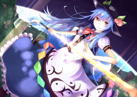 Hinanawi Tenshi - red eyes, blue hair, touhou, tenshi, long hair, weapon, sword, blade