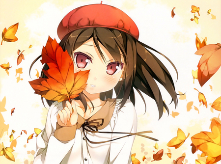 autumun - long hair, red hat, girl, eyes, autumn, anim