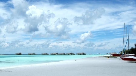 stilthouses in paradise - stilthouse, beach, clouds, boat