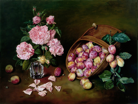 By Jose Escofet - painting, jose escofet, art, rose, fruit, flower