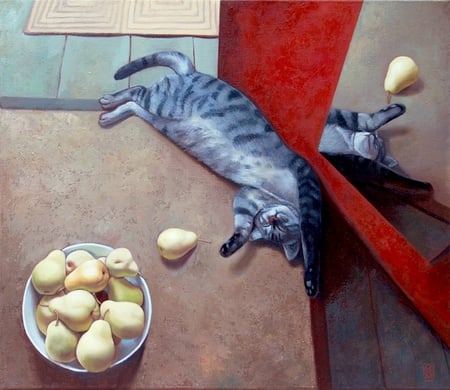 By Marta Kiss * Dream With Pears,2011 - painting, sleep, art, marta kiss, cat, pear, kitten, fruit