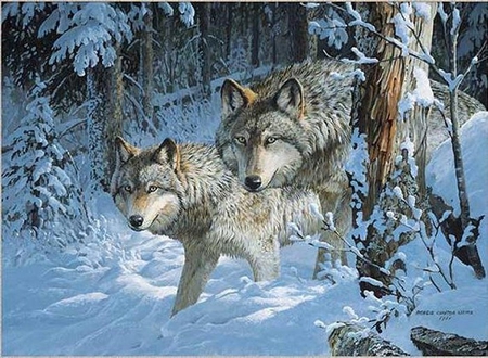 By Persis Clayton Weirs. - winter, persis clayton weirs, wolf, painting, snow, art