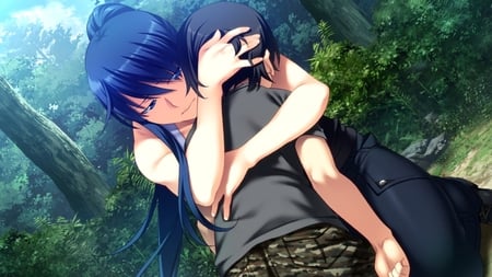 I'll Protect You - hug, blue hair, long hair, anime, anime girl