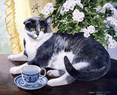 By Persis Clayton Weirs. - painting, persis clayton weirs, art, cat, animal, kittten, flower