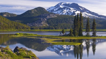 beautiful nature landscape - island, lake, forest, mountain