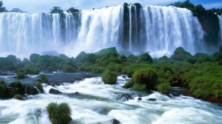 powerful waterfall - waterfall, bushes, rapids, river