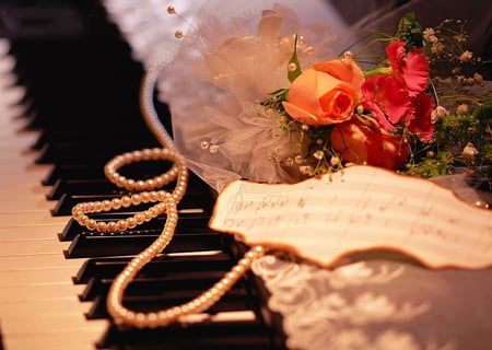 Pearl Rose - piano, sheet, music, flowers, rose, pearl