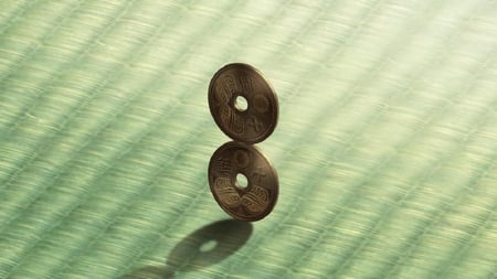 Balancing Coins - abstract, green baclground, soukou akki muramasa, anime, coins, shadow